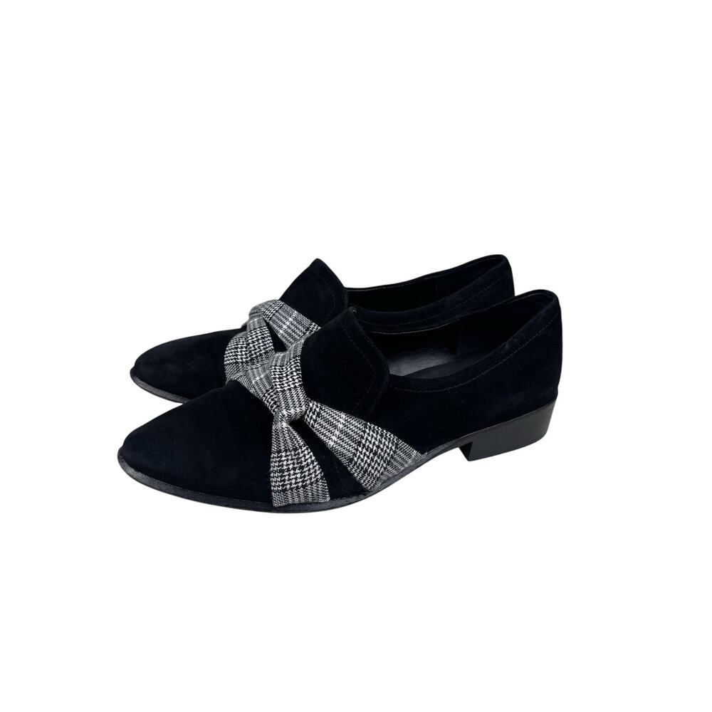 Antonio Melani Black Suede Plaid Bow Loafers Women’s 7M Leather Sole Pointed Toe